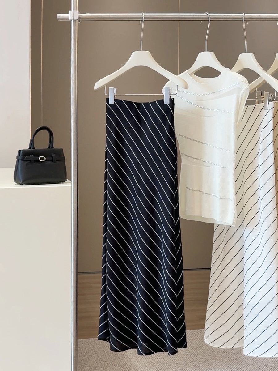 Black high-waisted diagonal stripe fishtail midi skirt