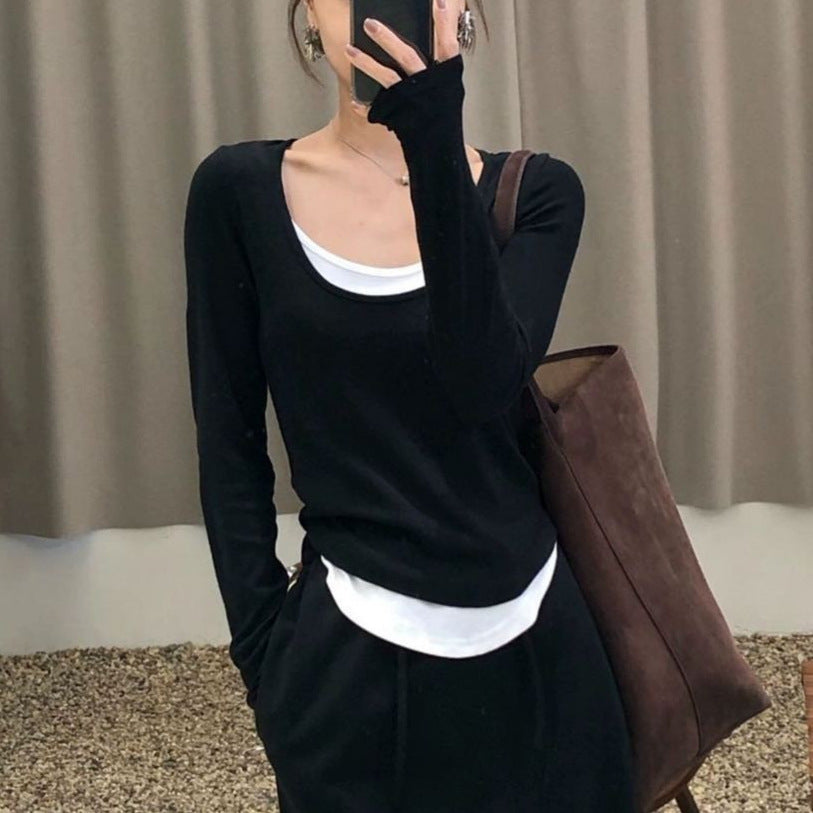 Contrast Fake Two-Piece Slim Long Sleeve Top
