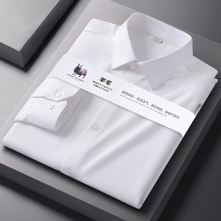 Men's Warm White Long-Sleeve Business Wool-Modal Shirt