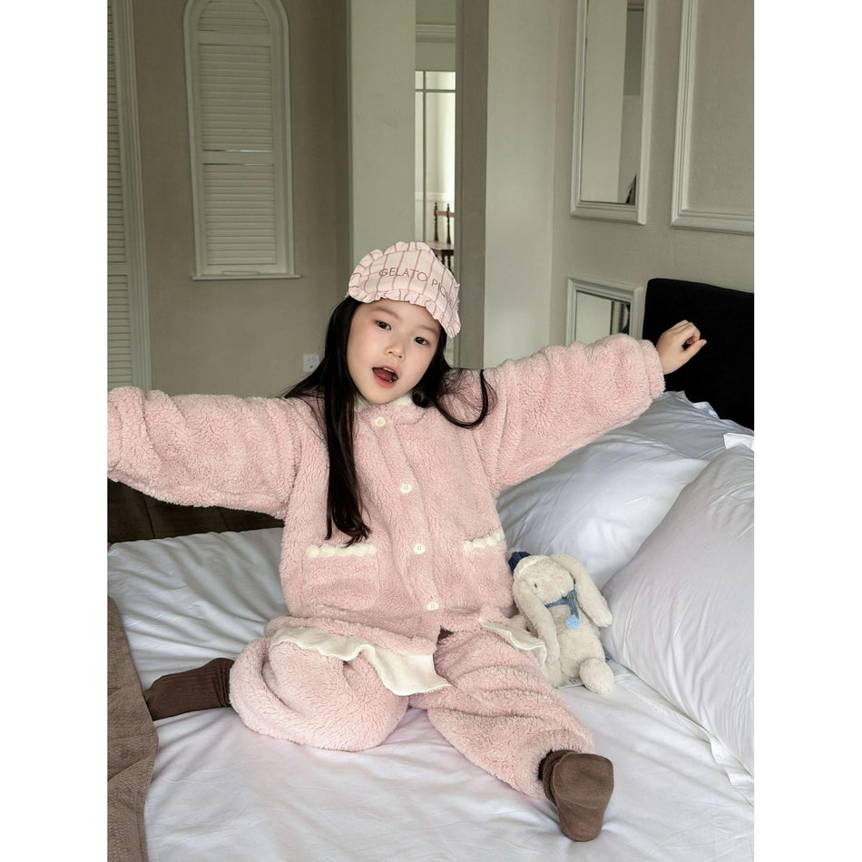 Girls Pink Plush Pajama Set with Bow – Winter Home Wear