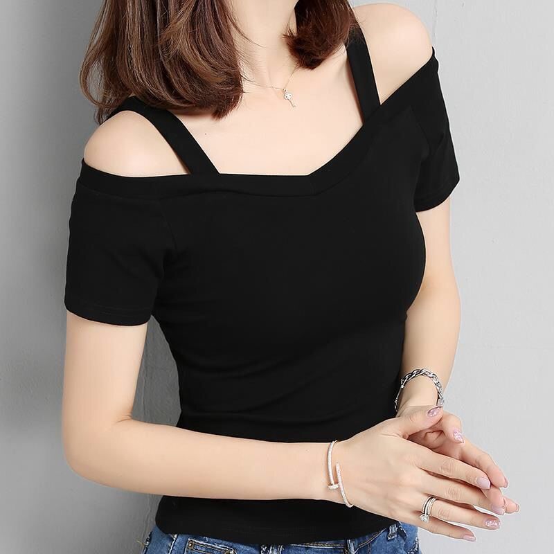 Women Korean Style Black Off Shoulder Strap Short Sleeve Tee