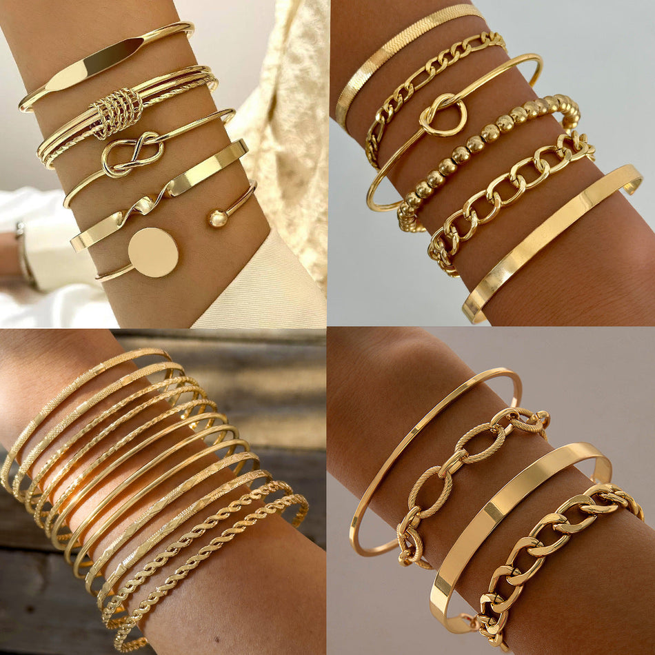 Retro Geometric Wide Gold Bracelet Set for Women
