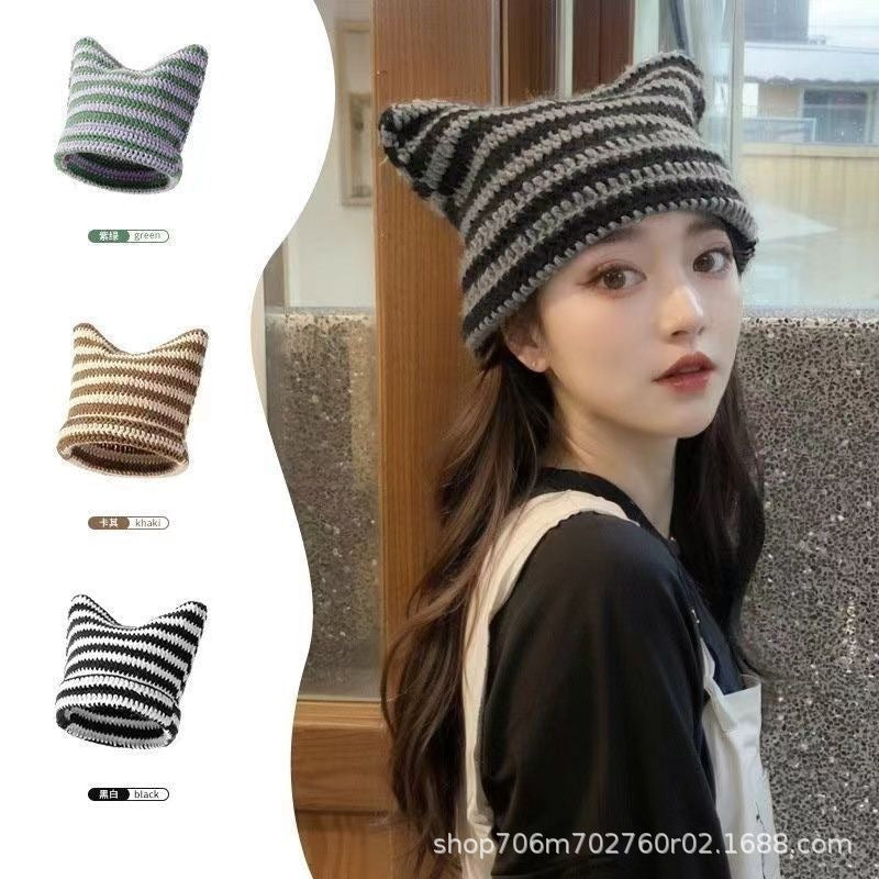 Children’s Cat Ear Striped Knitted Wool Hat Cute Style