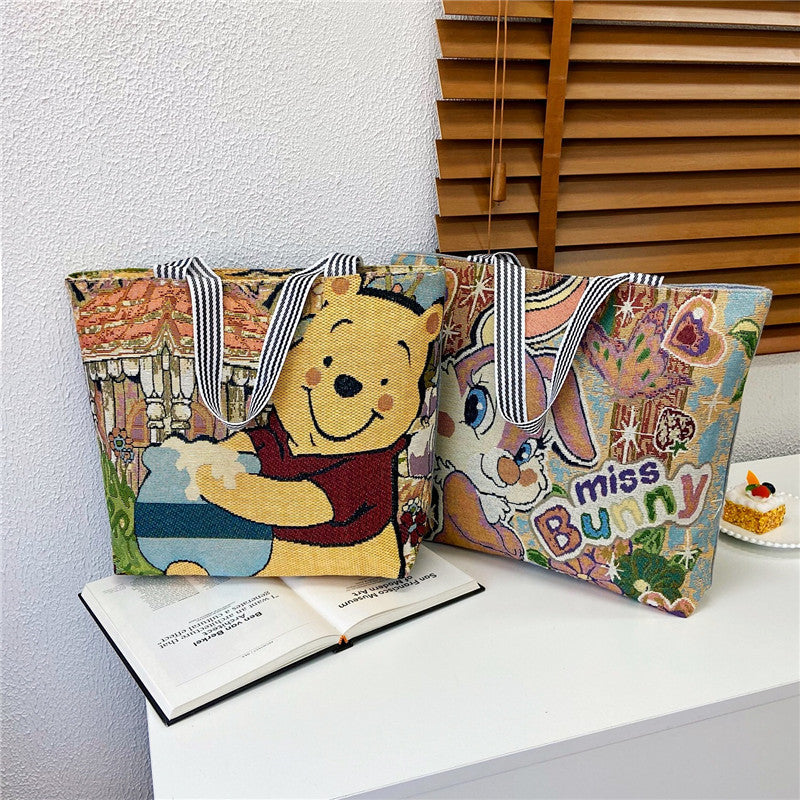 Mickey & Pooh Embroidered Tote – Travel Shoulder Bag