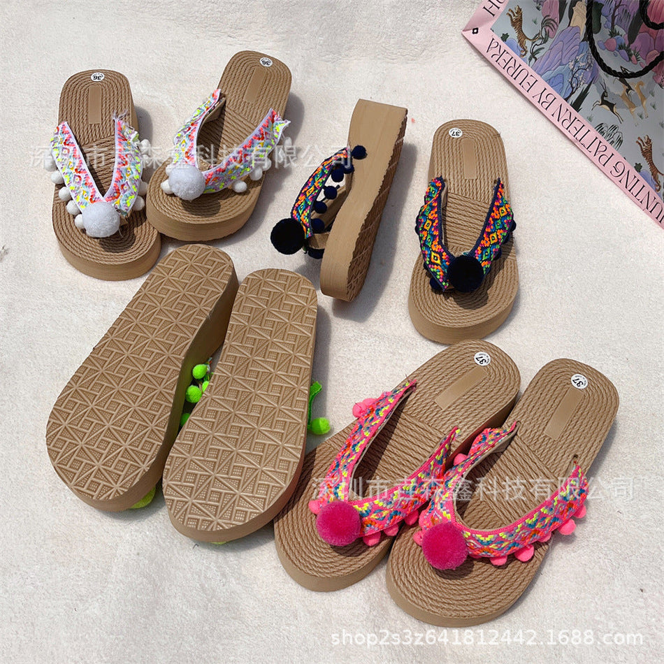 Bohemian Fur Ball Tassel Flip-Flops – Stylish Summer Wear
