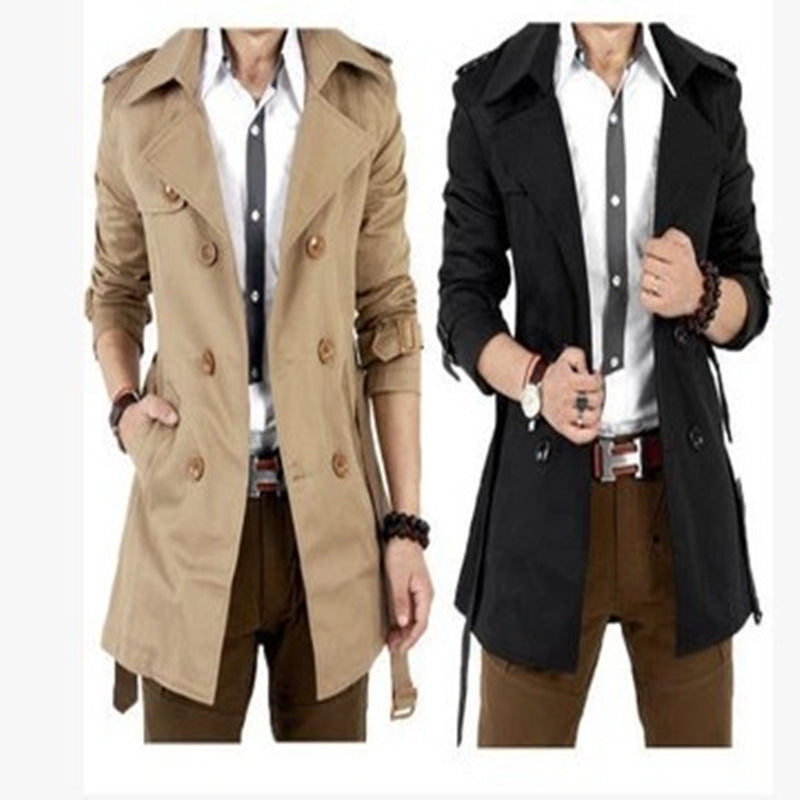 Men’s Korean Double-Breasted Mid-Length Trench Coat