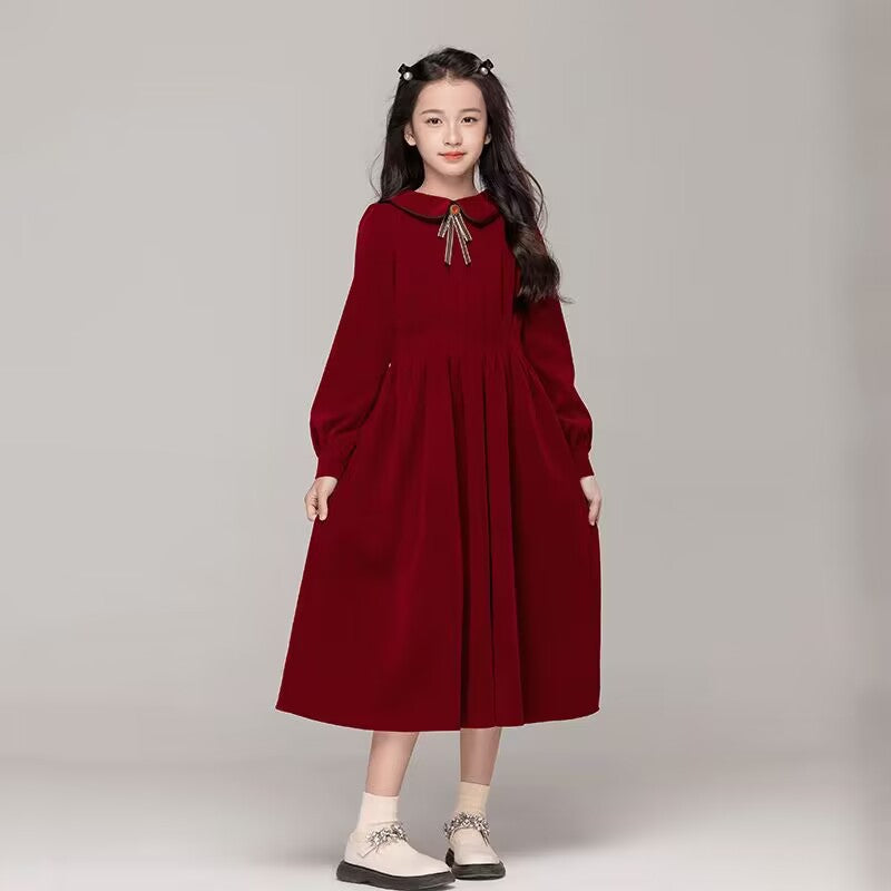 Girls’ Doll Collar Solid Color Princess Dress