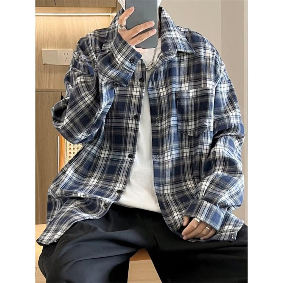 Men’s Japanese-Style Plaid Long-Sleeve Shirt