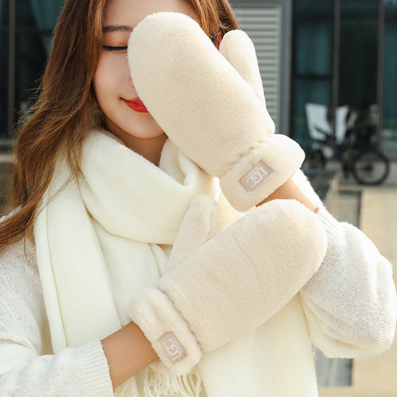 Plush Fleece-Lined Thickened Mittens for Women