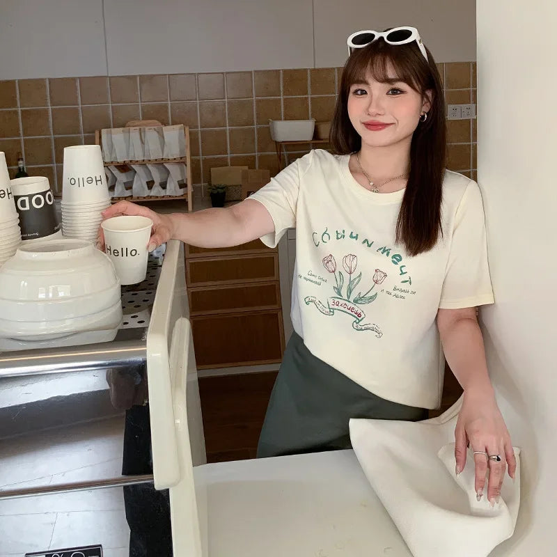 Tulip Print Plus Size Round Neck T-shirt – Sweet & Slimming 62528