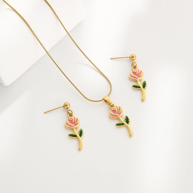 Rose Flower Necklace & Earrings Set – No-Fade Stainless Steel