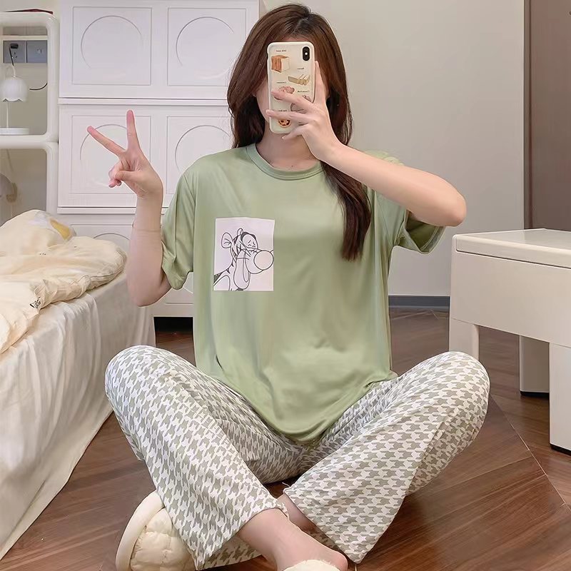 STOCK-Women's Summer Pajama Set – Plaid & Cartoon Print