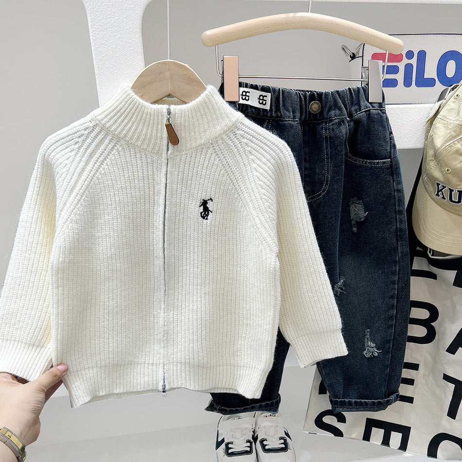 Boys’ Pure Color Twist Sweater Cardigan Autumn Winter