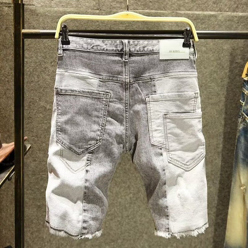 Patchwork Printed Men’s Slim Denim Shorts