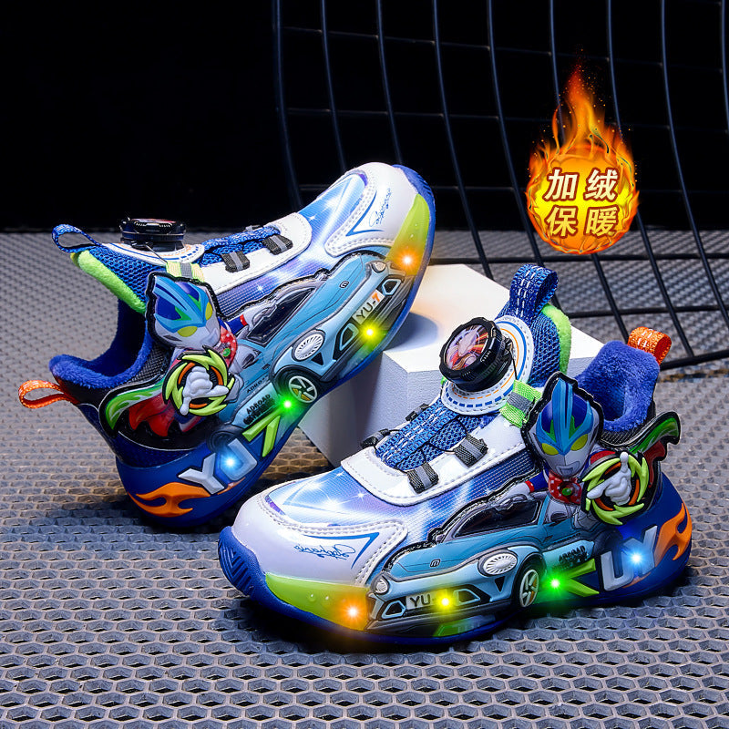 Boys Luminous Leather Sports Shoes with Warm Cotton Belt