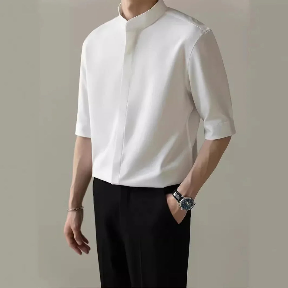 Ice Silk Summer Shirt – Slim Fit, Vertical Collar