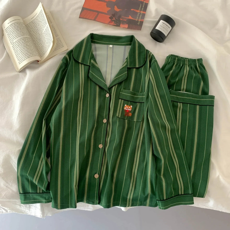 Cartoon Stripe Summer Cotton Pajama Set Women