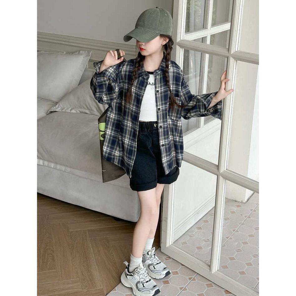 Girls' Plaid Shirt Long Sleeve 2025 Spring Autumn Top