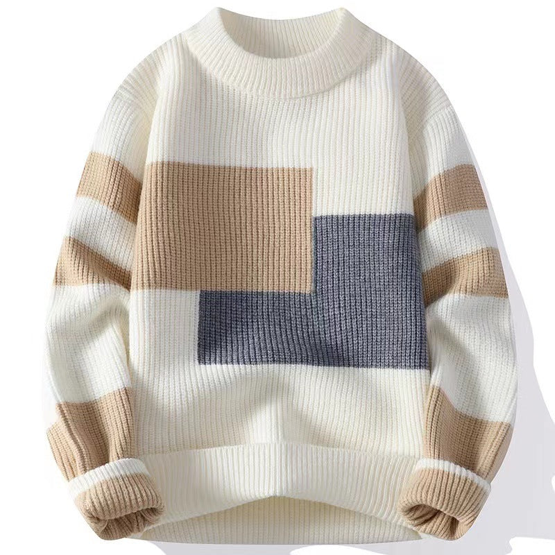 STOCK-Men’s Winter Knit Sweater Contrast Color Loose Trendy