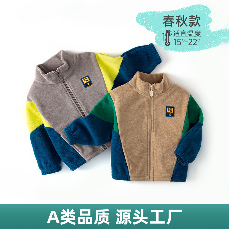 STOCK-2025 Kids’ Polar Fleece Jacket Boys Color Block Warm Coat