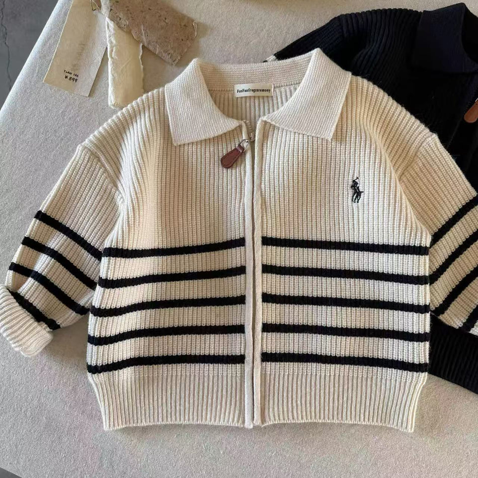 Boys’ Striped Knitted Cardigan – Autumn Zipper Jacket