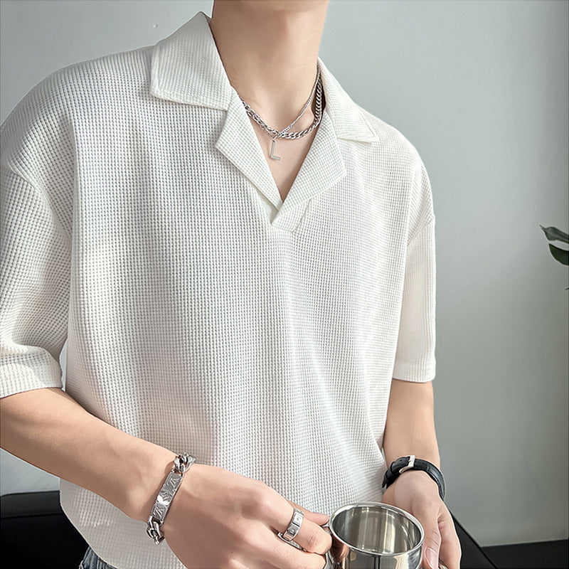 Men's Short-Sleeved Light Mature Cuban Collar Lace Shirt