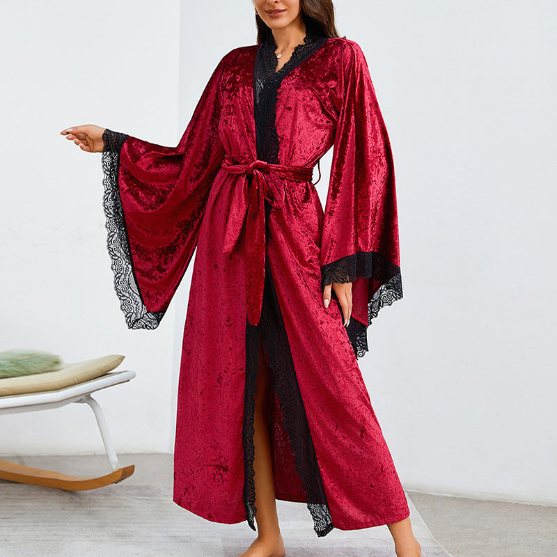 Velvet Lace Patchwork Bell-Sleeve Nightgown