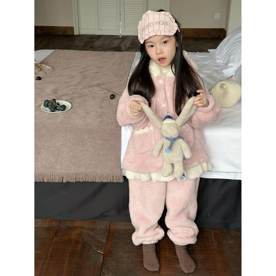 Girls Pink Plush Pajama Set with Bow – Winter Home Wear