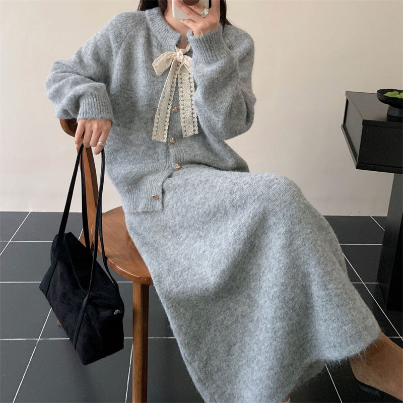 Women’s Elegant Lace-Up Sweater & A-Line Skirt Set