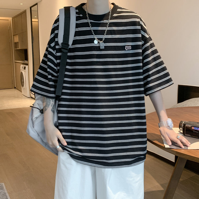 Korean-Style Striped Men's Half-Sleeve T-Shirt