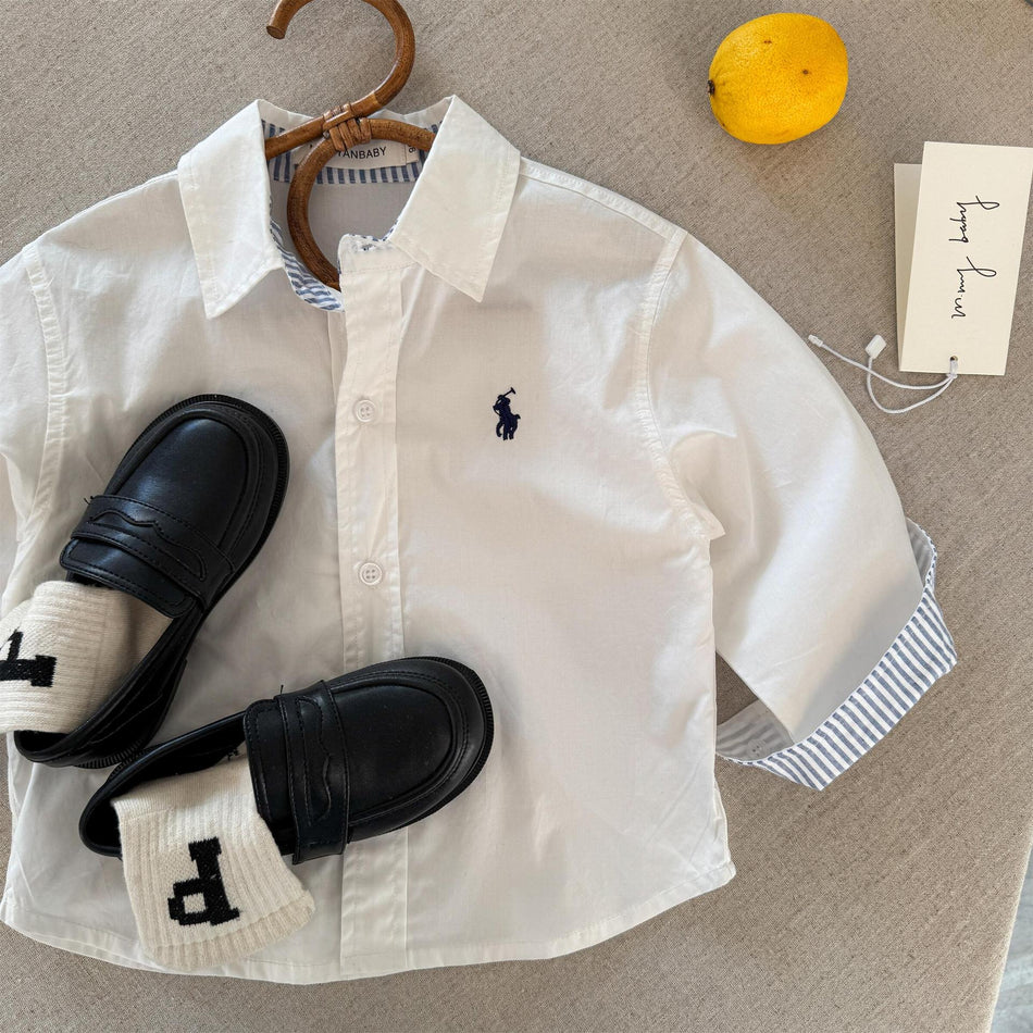Kids Cotton Striped Preppy Long Sleeve Lapel Shirt