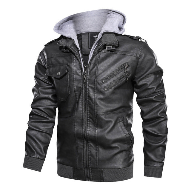 STOCK-Men’s European-Size Detachable Hood PU Leather Motorcycle