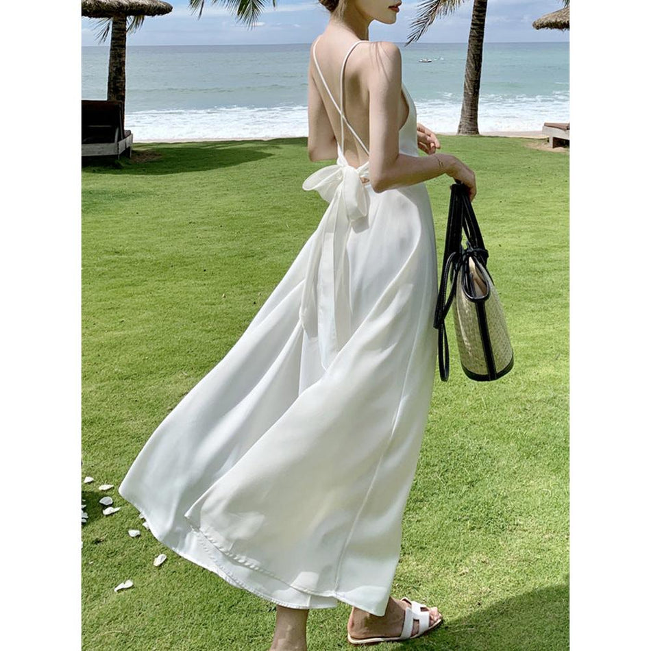 STOCK-Satin Backless Strap Beach Holiday Dress