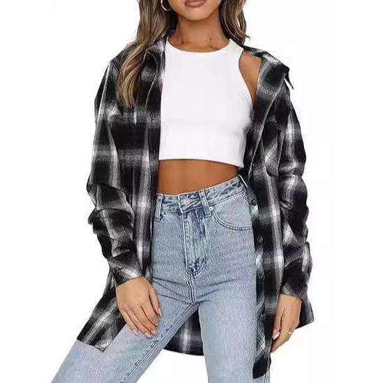Cross Border Women's Buckle Flannel Plaid Long Sleeve Shirt