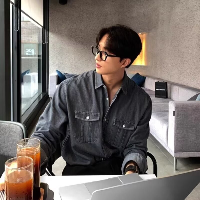 Men's Denim Hong Kong Style Trendy Long-Sleeve Jacket Shirt