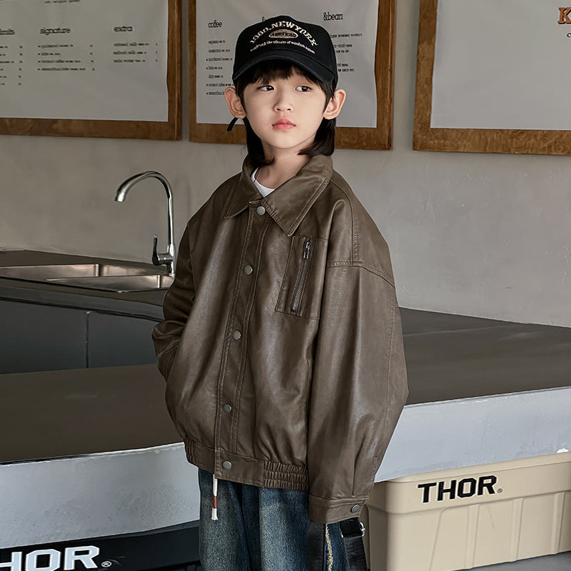Boys' Leather Jacket Spring and Autumn 2025 New Yipi