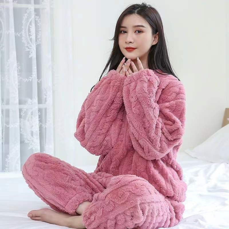 Coral Fleece Pajamas Women Winter Thickened Jacquard Two-Piece