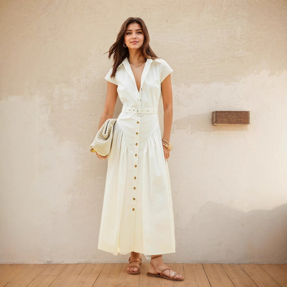 INSTOCK-French Lapel Single-Breasted Slim-Fit Long Dress – Summer