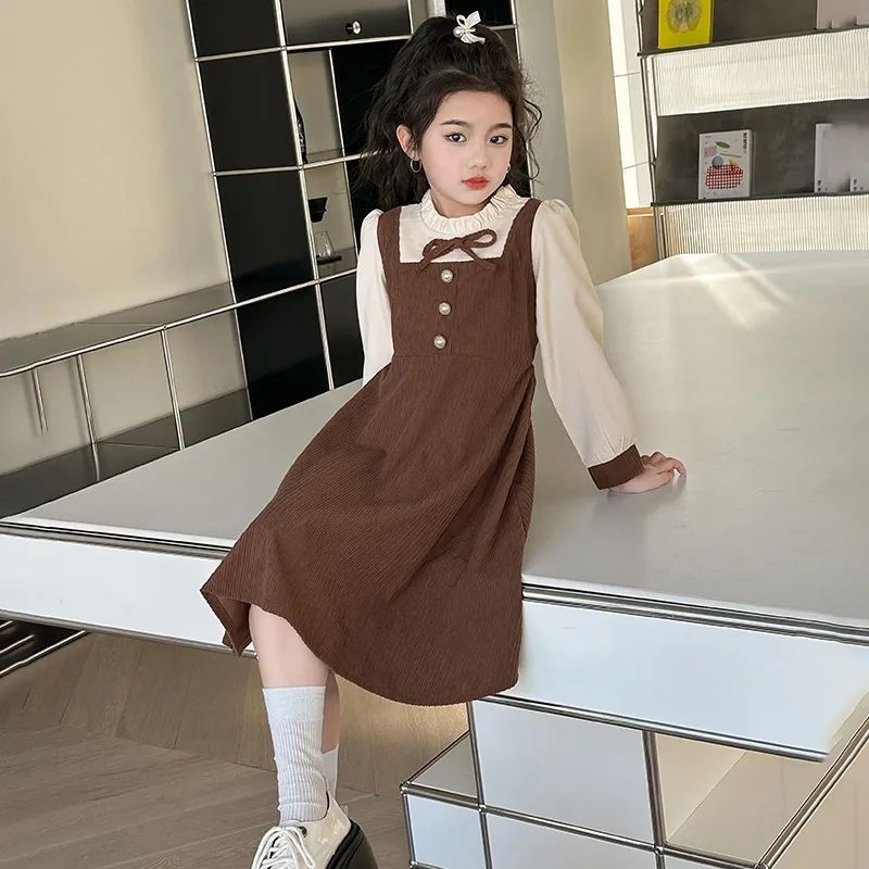 Girls’ French-Style Fake Two-Piece Dress