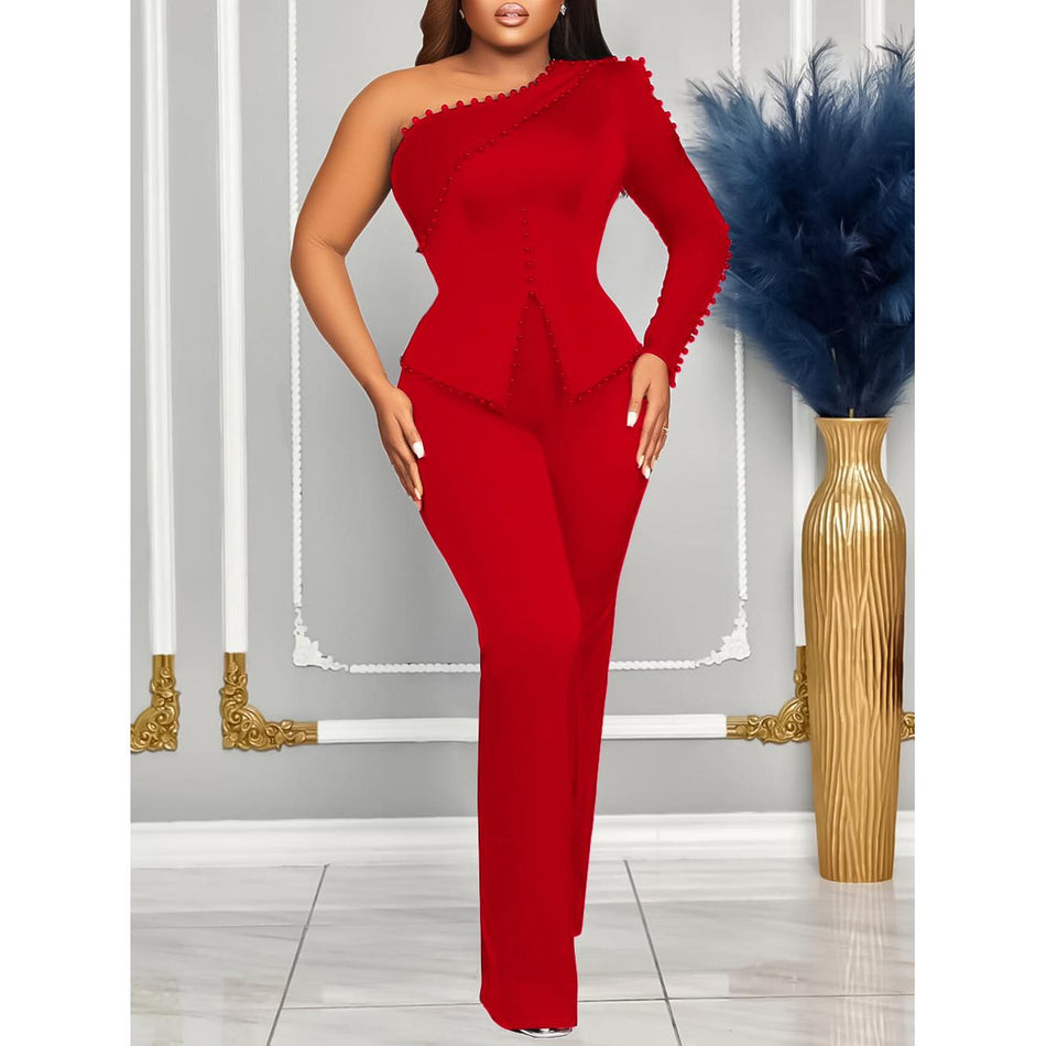Women’s Plus-Size Oblique Shoulder Beaded Two-Piece Set