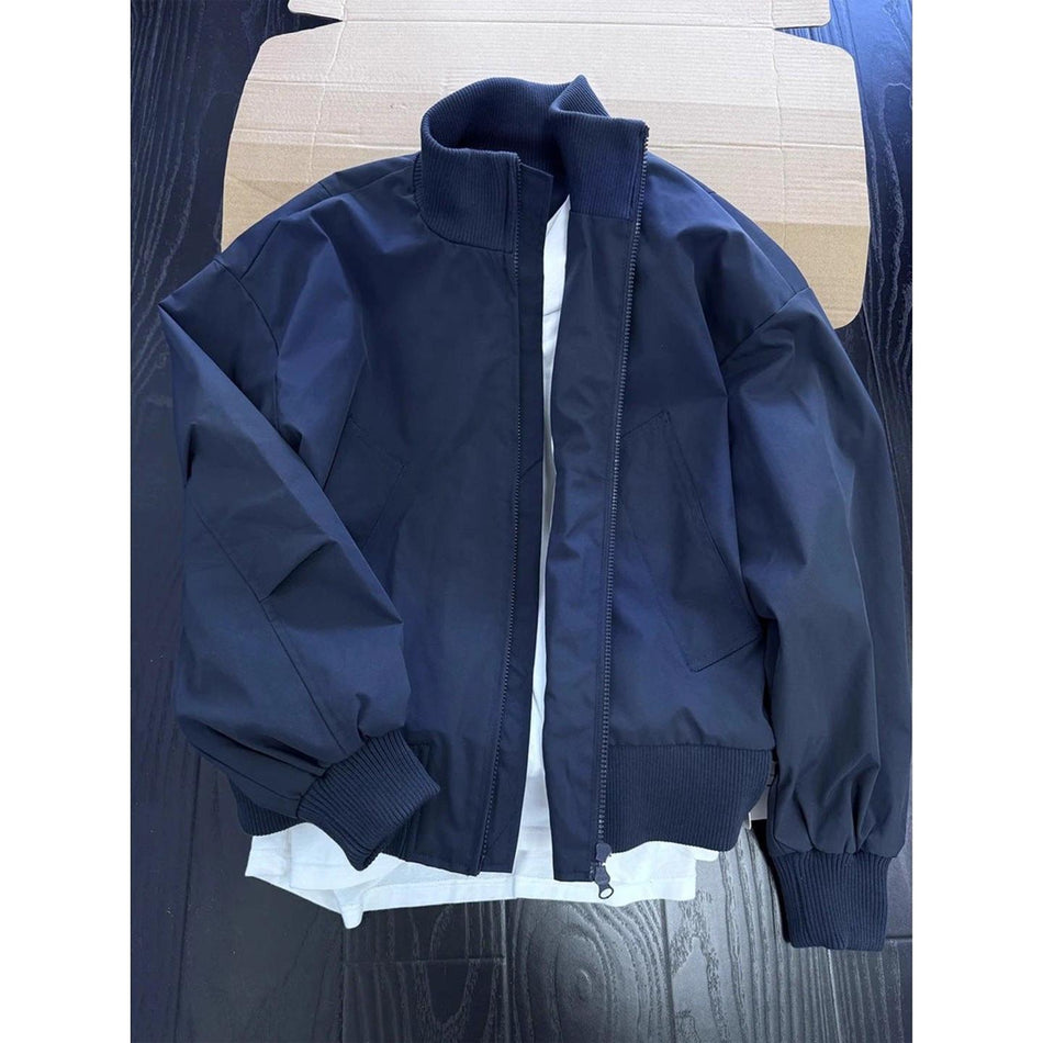 Men's Navy Blue Stand Collar Bomber Jacket Autumn Baseball