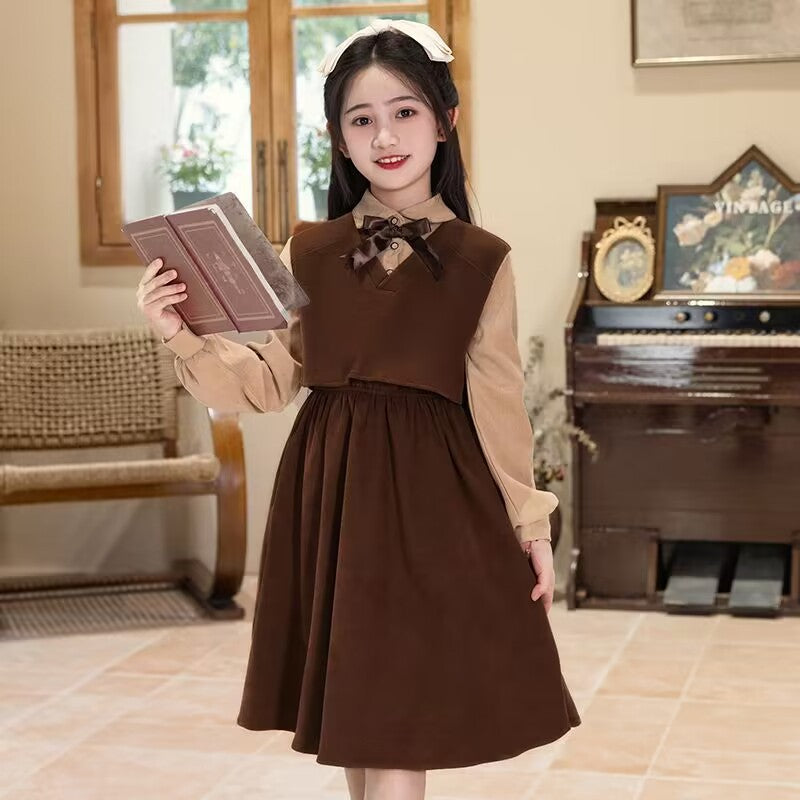 Girls’ College Style Polo Collar Two-Piece Dress