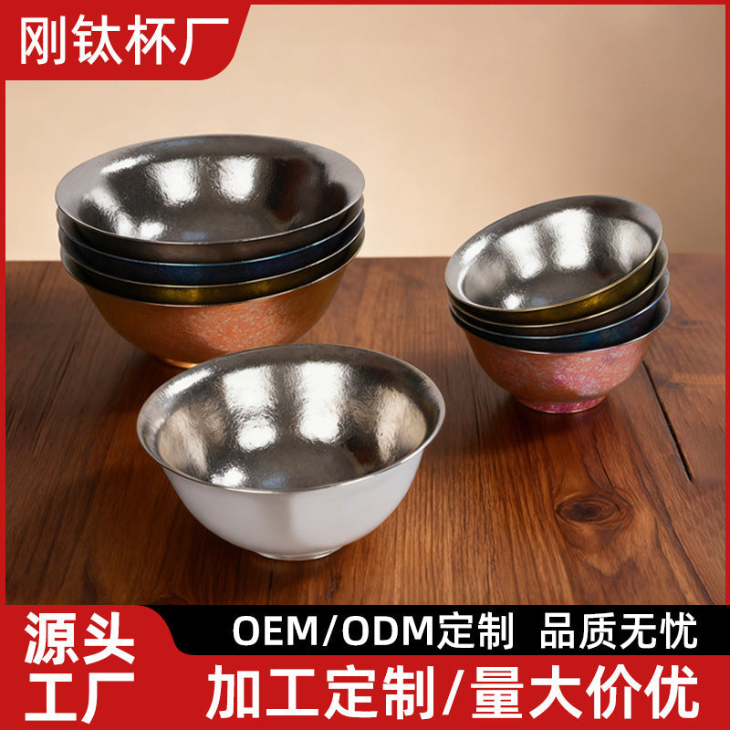 Colorful Ice Flower Titanium Bowl Double-Layer Rice & Tea Bowl