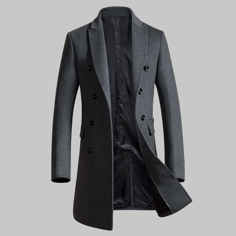Korean-Style Men’s Wool Coat – Slim Mid-Length Double-Breasted