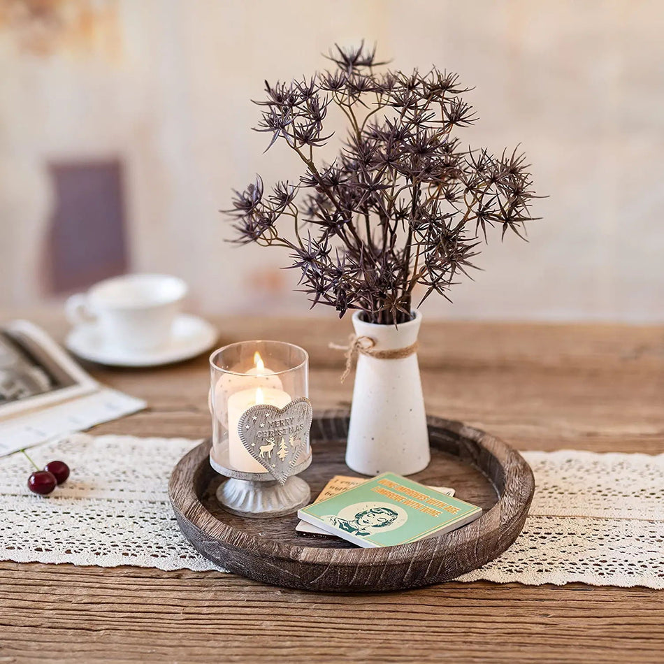 Beveled Edge Solid Wood Round Decorative Tray