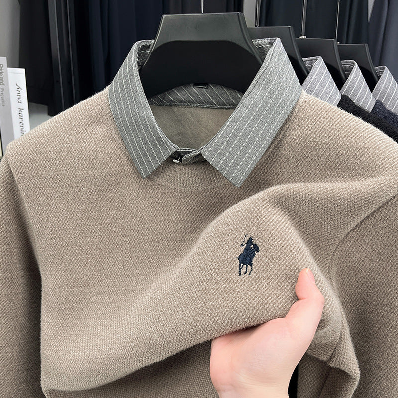 Men’s Knitted Bottoming Shirt Sweater Collar Fake Two-Piece Top