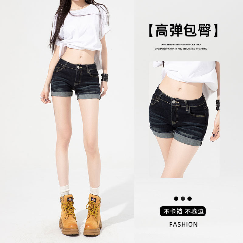 Dark Blue Distressed Denim Shorts Slim Fit Summer Wear Women