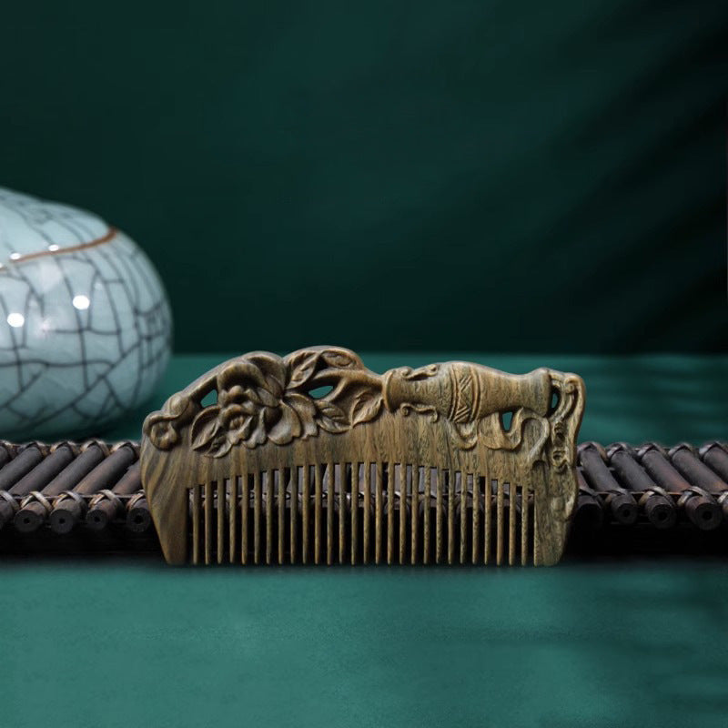 Green Sandalwood Carved Comb  Retro Hollow Gift Comb