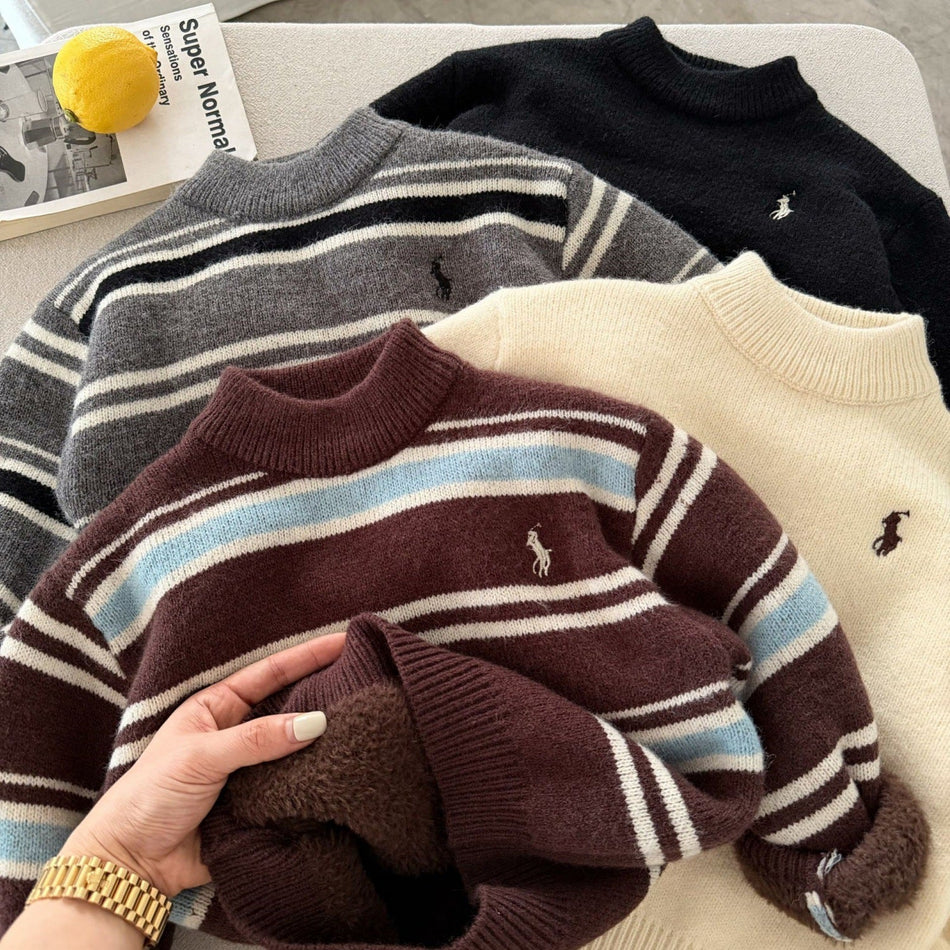 Boys Fleece Knit Pullover Striped Embroidered Winter Wear