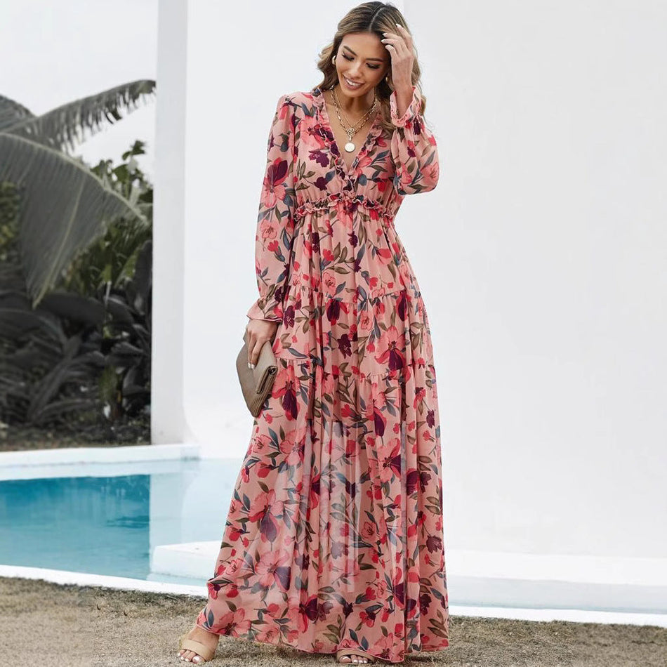 STOCK-Long Sleeve Printed Evening Dress